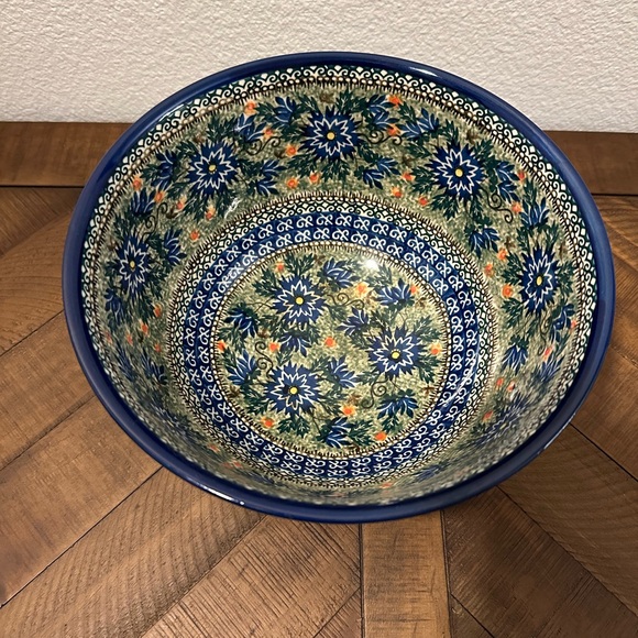 Polish Pottery Boleslawiec Poland Unikat Large Floral Blue Ceramic Bowl EUC - Picture 2 of 6